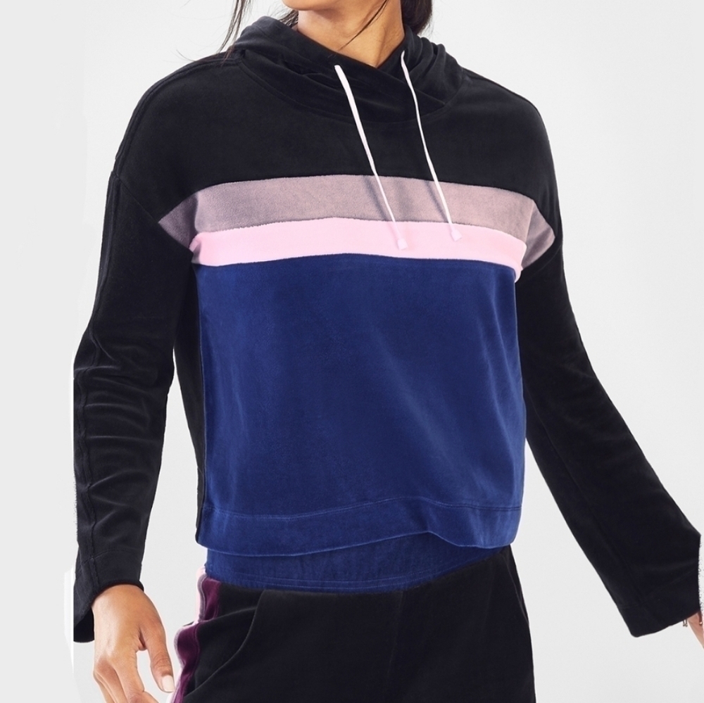 Fabletics Georgina Velour Color Block Velvet Soft Drawstring Hoodie Sweater XS